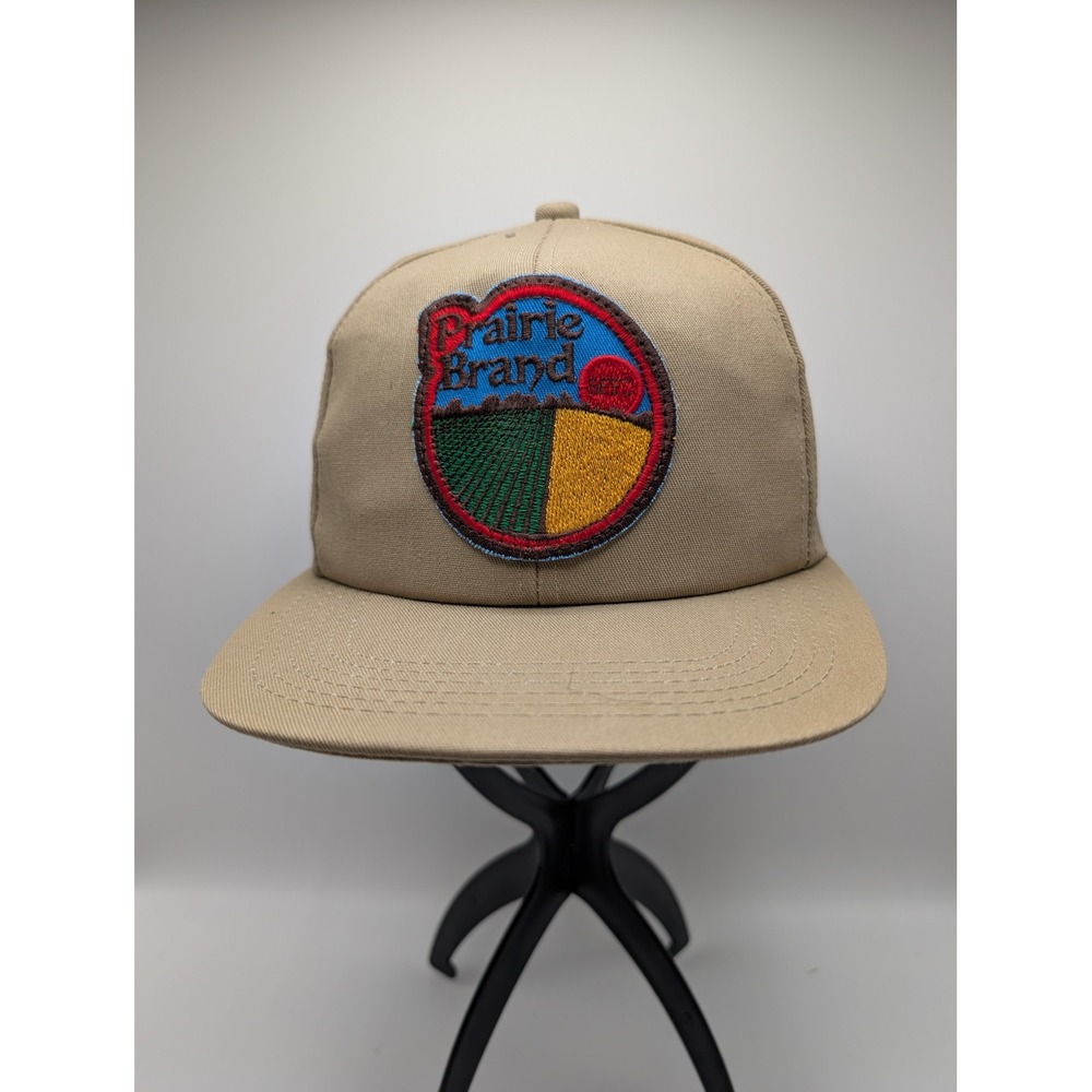 Vintage K-Products Prairie Brand Snapback Hat Tan Khaki Made in USA Farm Cap